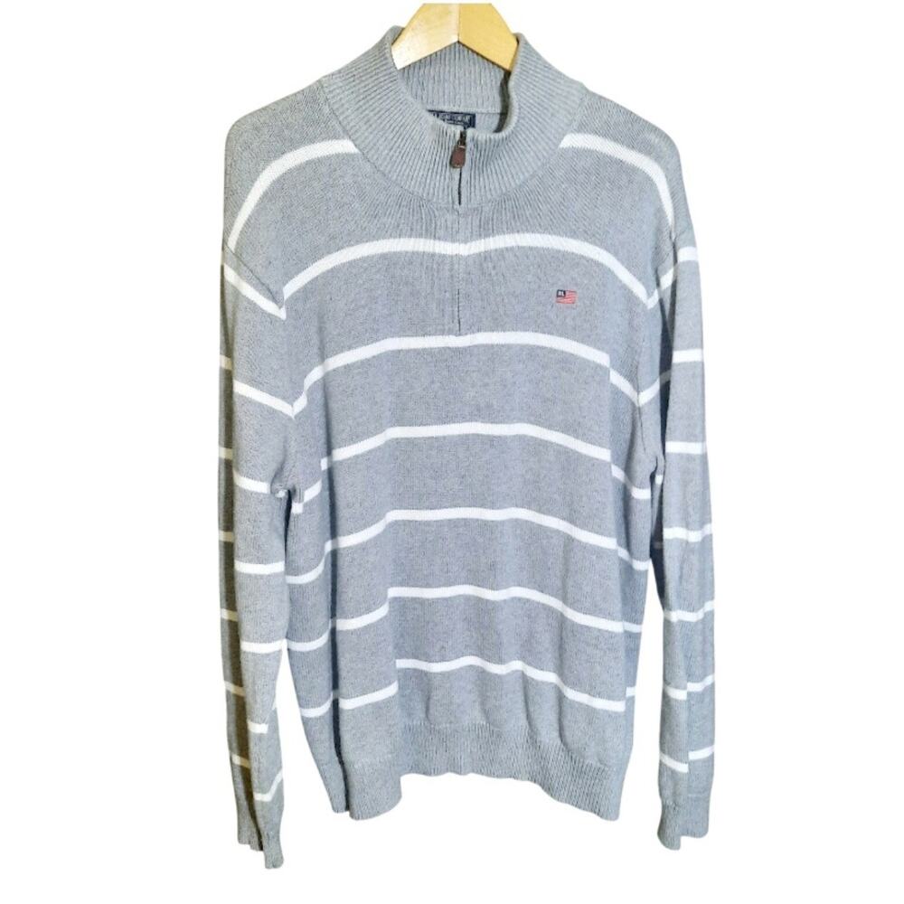 Polo Ralph Lauren Vintage Mens Gray and White Stripe 1/4 Zip Sweater Size XXL